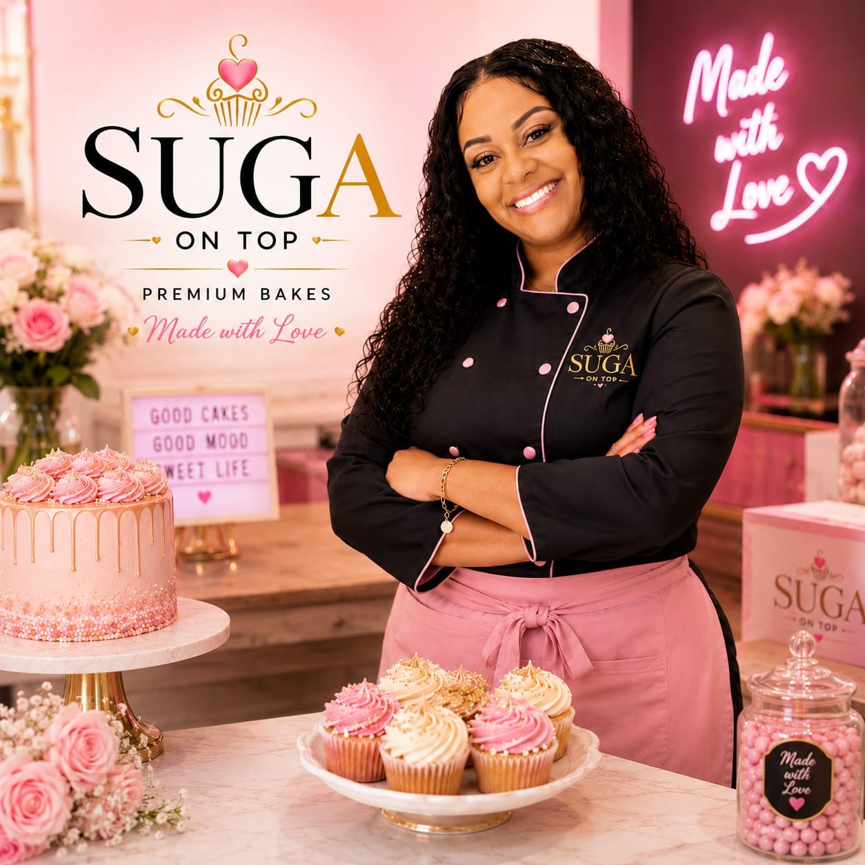 Suga On Top baker in a pink and gold bakery studio