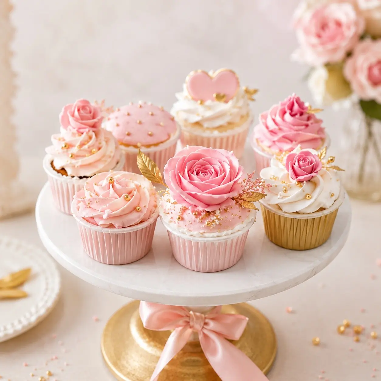 Pink and cream decorated cupcakes