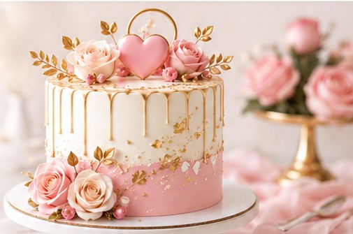 Pink and gold custom cake with roses and heart topper