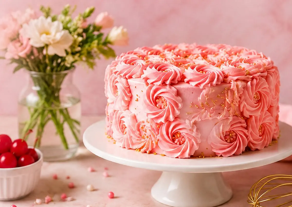 Pink and gold custom cake with roses and heart topper